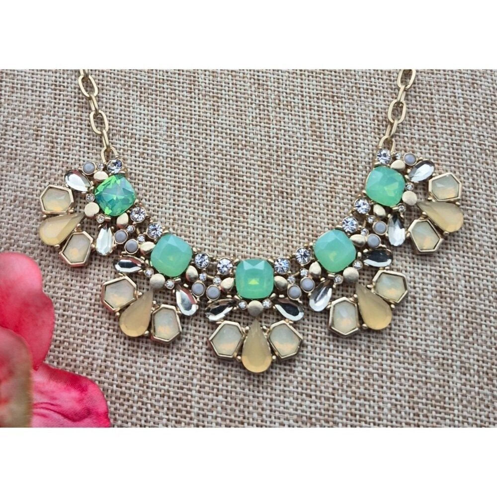 The Limited Statement Necklace Green Faux Stones Crystals & Gold Tone Chain 20"